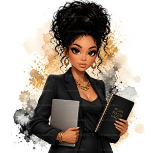 May include: Illustration of a woman in a black suit holding a silver laptop and a notebook with the text "PLAN FOCUS GROW". She has curly black hair, gold jewelry, and a gold chain necklace. The background features gold and gray watercolor splashes.