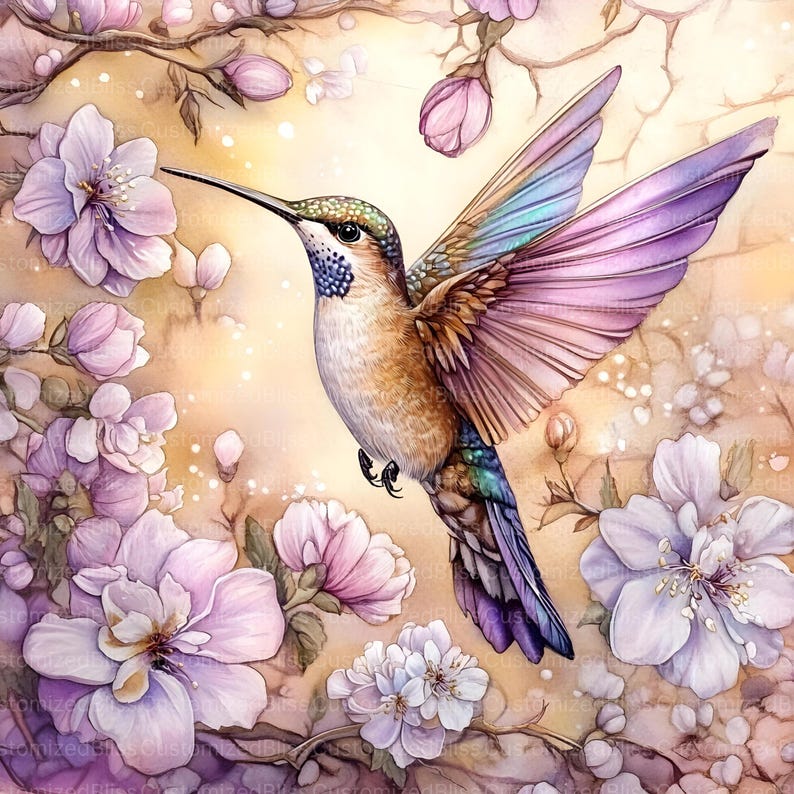 May include: A vibrant hummingbird with iridescent purple and blue wings hovers near delicate pink and white blossoms. The bird's brown body and long, slender beak are visible against a soft, golden background.
