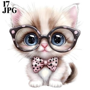 17 imágenes prediseñadas de gatito, imágenes prediseñadas de gato, lazo de lunares, imágenes prediseñadas de gafas, gato lindo, archivos JPG de alta calidad, diario basura, descarga digital, manualidades de papel