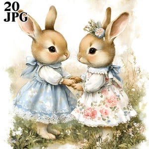 20 uroczych króliczków w sukienkach vintage Clipart, Króliczek Clipart, Króliczki Clipart, Wysokiej Jakości JPG, Dziennik Śmieci, Pobieranie Cyfrowe, Rękodzieło Papierowe
