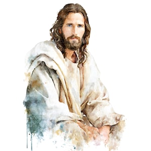 Op de afbeelding: Waterverfportret van een man met lang bruin haar, een baard en blauwe ogen. Hij draagt een witte jurk. Het kunstwerk heeft een zachte, schilderachtige stijl met aquareleffecten en een witte achtergrond.