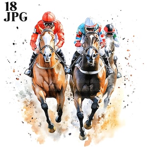 18 Race Horses Clipart, Horse Racing, Equestrian Clipart, Horse Race Jockeys, Watercolor Clipart, Junk Journal, Digital, Paper Craft, JPG