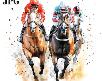 競走馬24頭のクリップアート、競馬、印刷可能な水彩画、馬術競技の騎手