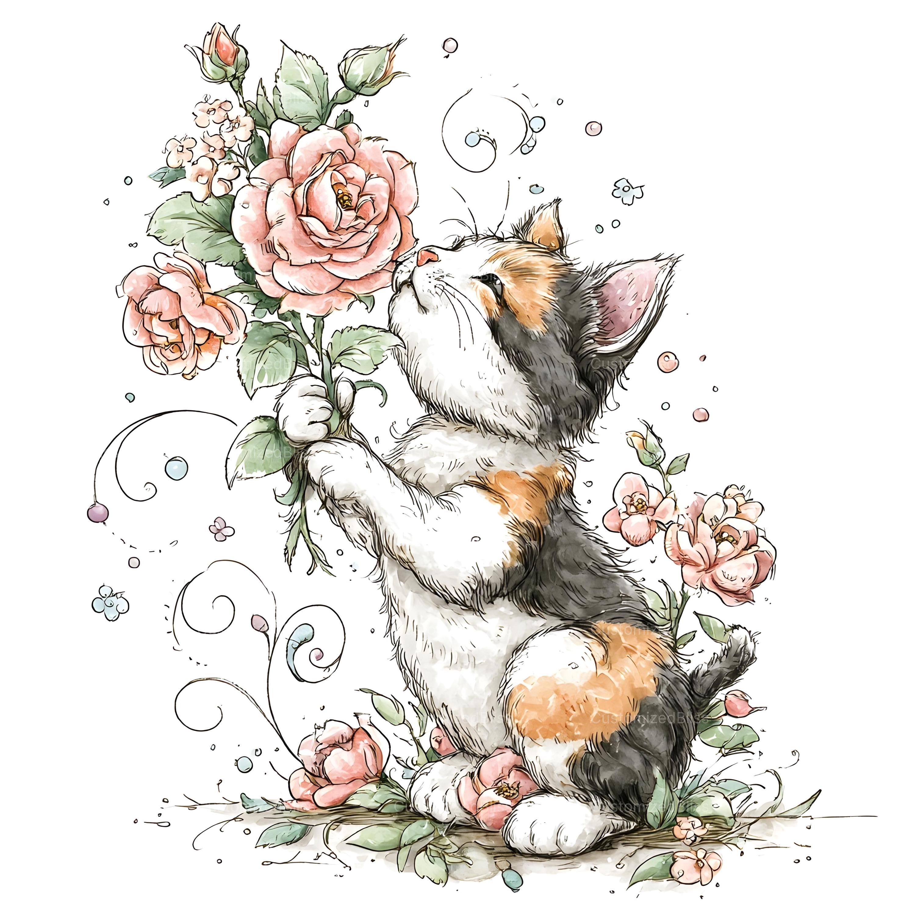 35 Floral Cat Clipart, Cute Kitten With Flowers Clipart, Cartoon Kitten ...