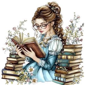 May include: Watercolor illustration of a woman reading a book, surrounded by stacks of books and floral accents. The woman wears glasses and a blue dress, with her hair styled up. The books have brown and gold covers.