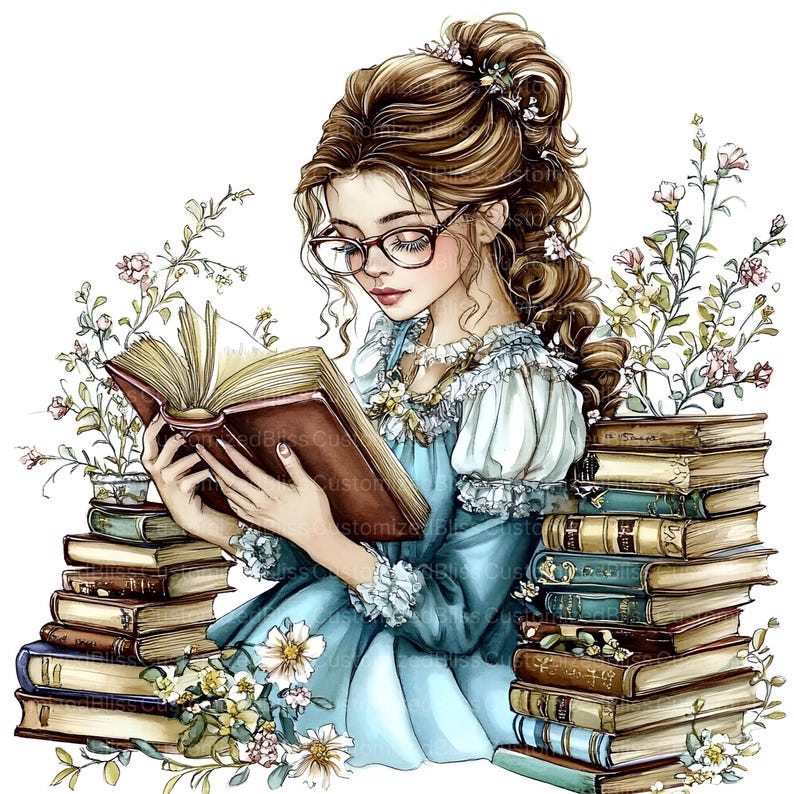 May include: Watercolor illustration of a woman reading a book, surrounded by stacks of books and floral accents. The woman wears glasses and a blue dress, with her hair styled up. The books have brown and gold covers.