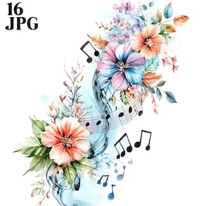 16 Music Notes Clipart, Music Clipart, Musical Clipart, High Quality JPGs, Watercolor Clipart, Junk Journal, Digital Download, Paper Craft