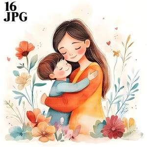16 Mamma e bambino con fiori Clipart Bundle, Clipart mamma, Clipart madre, Clipart festa della mamma, Clipart floreale, Download digitale, JPG