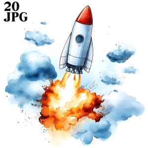 20 Cartoon Rocket Clipart, Space Rockets Images, High Quality JPG, Watercolor Clipart, Junk Journal, Digital Download, Paper Craft, Clip Art