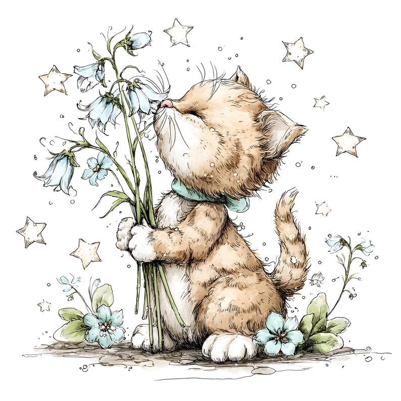 35 Floral Cat Clipart, Cute Kitten With Flowers Clipart, Cartoon Kitten ...