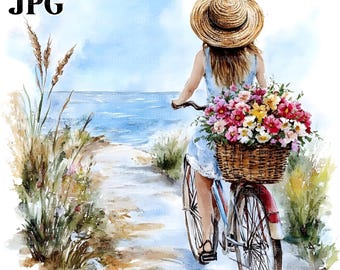 20 Woman on Bicycle Clipart, Floral Bicycle, High Quality JPGs, Watercolor Clipart, Junk Journal, Digital Download, Paper Craft, Clip Art