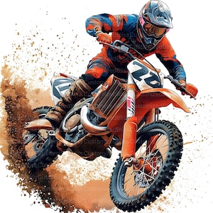 May include: An illustration of a motocross rider in action, captured mid-air. The rider is wearing a helmet and protective gear in shades of red, blue, and orange. The dirt bike is orange with black tires, kicking up a cloud of dirt. The image has a dynamic, action-oriented feel.