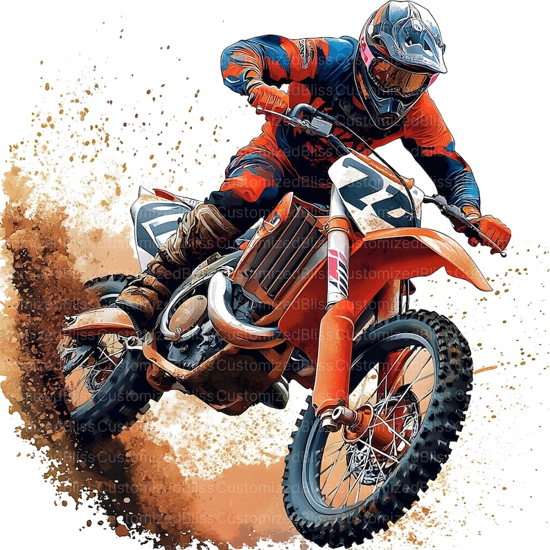 May include: An illustration of a motocross rider in action, captured mid-air. The rider is wearing a helmet and protective gear in shades of red, blue, and orange. The dirt bike is orange with black tires, kicking up a cloud of dirt. The image has a dynamic, action-oriented feel.