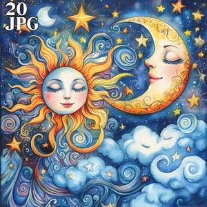 Fantasy Sun Moon Stars illustraties, 20 hoge kwaliteit jpg's, aquarel clipart, junk Journal scrapbooking, kaarten maken digitale download grillig