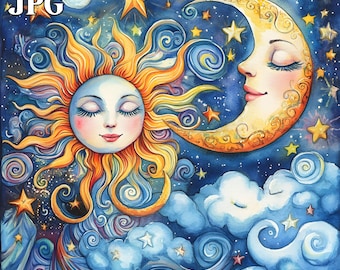 以下が含まれることがあります： 目を閉じた太陽と月の水彩画。太陽は黄色とオレンジで、人間の顔をしています。月は白と黄色で、人間の顔をしています。背景は濃い青で、白い雲と星があります。