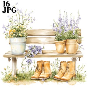16 rustieke tuinscène met regenlaarzen, plantenbakken en wilde bloemen op een bankje, hoge kwaliteit JPG's, Junk Journal, Digitale download, Paper Craft