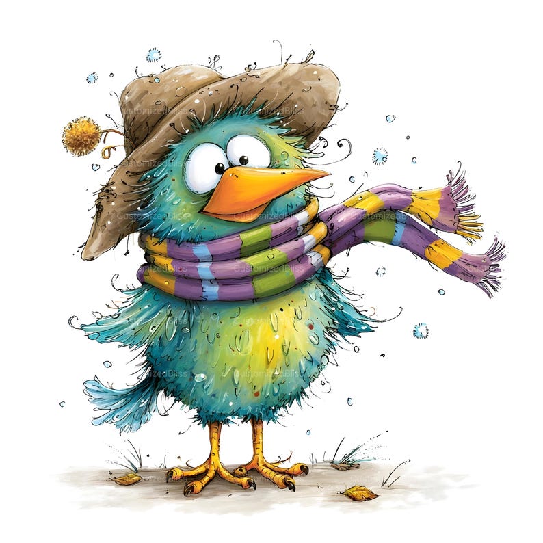 Op de afbeelding: Een pluizige blauwgroene vogel met een feloranje snavel, een bruine hoed en een gestreepte paarse, gele en blauwe sjaal. De vogel heeft grote witte ogen en staat op oranje poten te midden van kleine zwevende stippen tegen een witte achtergrond.