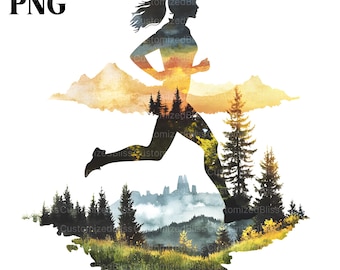 May include: Silhouette of a person running with a watercolor background of a mountain landscape. The silhouette is layered over the landscape, creating a unique and artistic design.