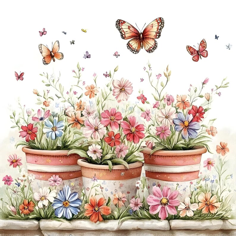 Puede incluir: Ilustraci&oacute;n en acuarela de tres macetas de terracota llenas de flores coloridas. Mariposas de varios tama&ntilde;os y colores est&aacute;n dispersas alrededor de las flores. Las macetas tienen un dise&ntilde;o a rayas blancas y rosas.