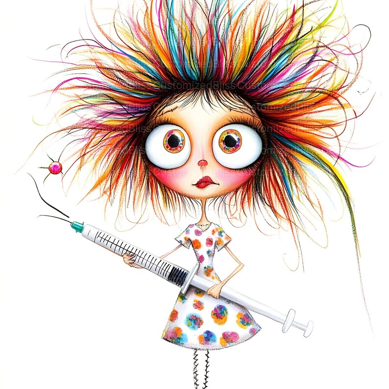 May include: A cartoon illustration of a girl with colorful, spiky hair holding a large syringe. She is wearing a white dress with colorful polka dots.