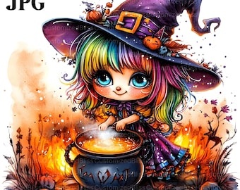 20 Rainbow Witch Clipart, Halloween Clipart, Whimsical Witchcraft, Watercolor Clipart, Junk Journal, Digital Download, Paper Craft, JPG