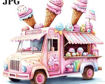 20 Ice Cream Truck Clipart, Ice Cream Clipart, Summer Clipart, High Quality JPGs, Watercolor Clipart, Junk Journal, Digital Download, Craft