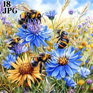 18 Bumblebee On Flower Clipart Bundle, Bumblebee Clipart, Bee Clipart, Watercolor Bee, Spring Bumblebee, Insects Clipart, Floral Clipart JPG