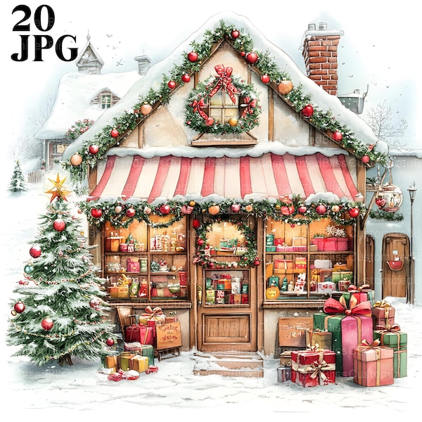 Clip art de tienda navideña, 20 archivos JPG de acuarela de alta resolución, Junk Journaling, Scrapbooking, Card Making, Descarga digital, Fantasía, Caprichoso, Manualidades