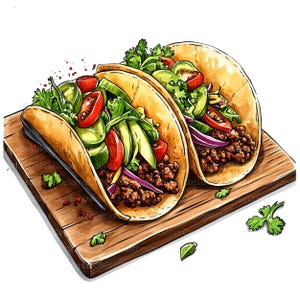 May include: Two soft tacos filled with ground beef, avocado, tomato, onion, and cilantro, served on a wooden cutting board.
