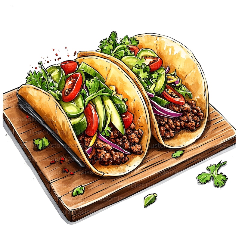 May include: Two soft tacos filled with ground beef, avocado, tomato, onion, and cilantro, served on a wooden cutting board.