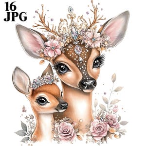 16 Hirsch und Rehkitz Clipart, entzückende Fantasy Hirsch mit Perlen, Hirsch Clipart, Hirsch Familie, süßes Reh, hohe Qualität JPG, digitaler Download, Handwerk