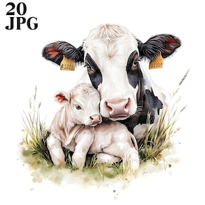 20 Vache et veau Clipart, vache mignonne, vache Clipart, JPG de haute qualité, clipart aquarelle, Junk Journal, téléchargement numérique, créations en papier, Clip Art