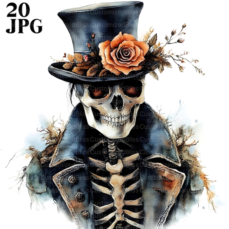 May include: A watercolour illustration of a skeleton wearing a black top hat decorated with an orange rose and foliage. The skeleton is dressed in a dark blue coat with gold buttons, ideal for Halloween or gothic themes.