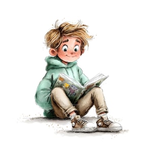 Puede incluir: Ilustración en acuarela de una persona leyendo un libro. Lleva una sudadera con capucha verde claro, pantalones beiges y zapatillas marrones. El libro abierto muestra ilustraciones coloridas.