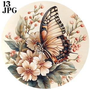 Vintage Schmetterling Kreis Runde Clipart Bundle, 13 hochwertige JPGs, Kartenherstellung, Clip Art, Papierhandwerk, Scrapbooking, digitaler Download