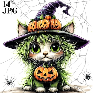 14 Halloween Cat Clipart, Fluffy Cat, Witch Cat Clipart, Spooky Cat, Watercolor Clipart, Junk Journal, Digital Download, Paper Craft, JPG