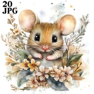 20 Blumenmaus Clipart, süße Maus, Kinderzimmer Clipart, hochwertige JPGs, Aquarell Clipart, Junk Journal, digitaler Download, Papierwesen