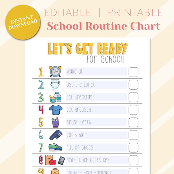 School Routine Chart Printable Checklist For Kids, Morning Routine Printable Tasks, Kids Responsibility Chart, Digital Download PDF