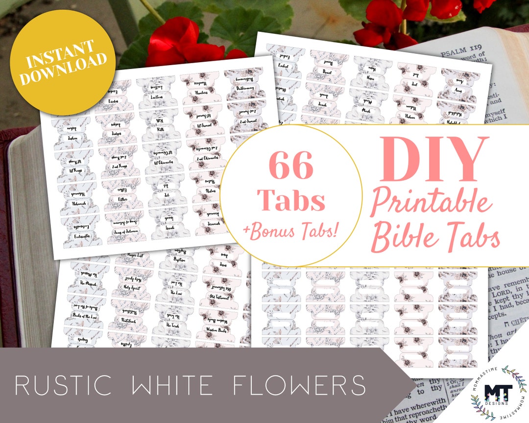 Rustic White Flower Bible Tabs, Double Sided Printable Bible Tabs for ...