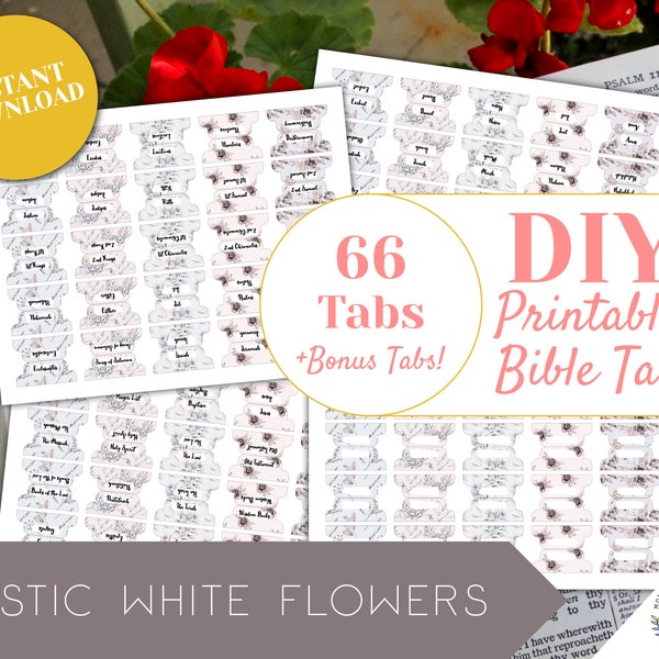 Rustic White Flower Bible Tabs, Double Sided Printable Bible Tabs for Bible Journaling and Devotionals, Floral Bible Tabs