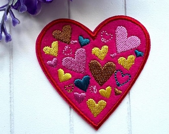 Pink Heart Iron-On Patch, Embroidered Applique