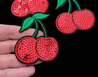 Sequin Cherry Iron-on Patch: Clothes Applique (7.5cm)