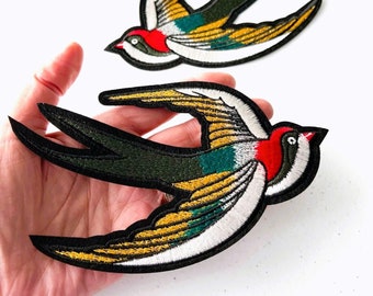 2 Large Swallow Bird Iron-on Patches: Embroidered Applique