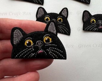 Peeking Cat Iron-on Patch, Black Cat Patch, Peeping Cat Iron-on Patch, Embroidered Applique, Cat Applique