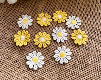 10 x Daisy Flowers, Sew-on embroidered patch, Yellow & White Daisy Appliqués