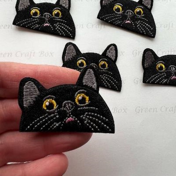 Peeking Cat Iron-on Patch, Black Cat Patch, Peeping Cat Iron-on Patch, Embroidered Applique, Cat Applique