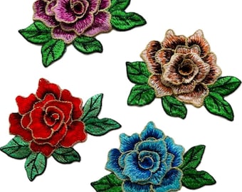 Pair Of Blue Rose Embroidered Patches – Iron-On Or Sew-On – Floral Badge For Customizing