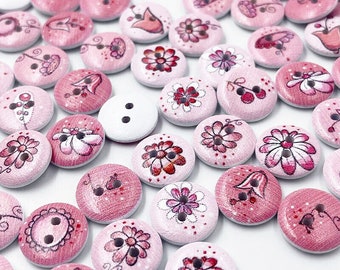 10 Pink Flower Wood Buttons: 15mm Sewing Embellishments