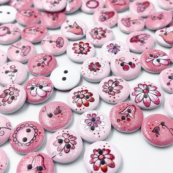 10 x Wood Buttons, Flower Design Buttons, Sewing, Pink Buttons, 15mm Buttons
