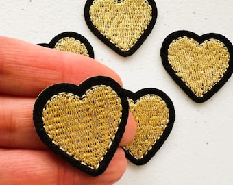Gold Embroidered Heart Iron-on Patch: Decorative Applique
